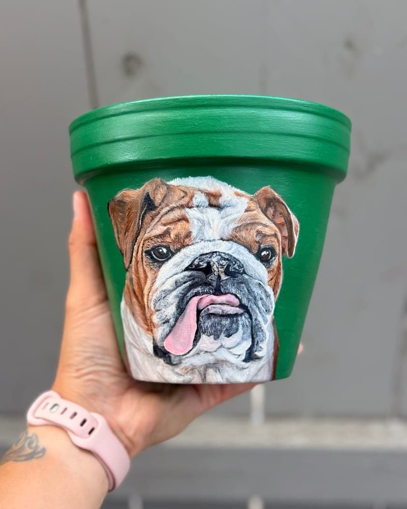 Hand-painted English bulldog on a green clay pot, held up to the camera
