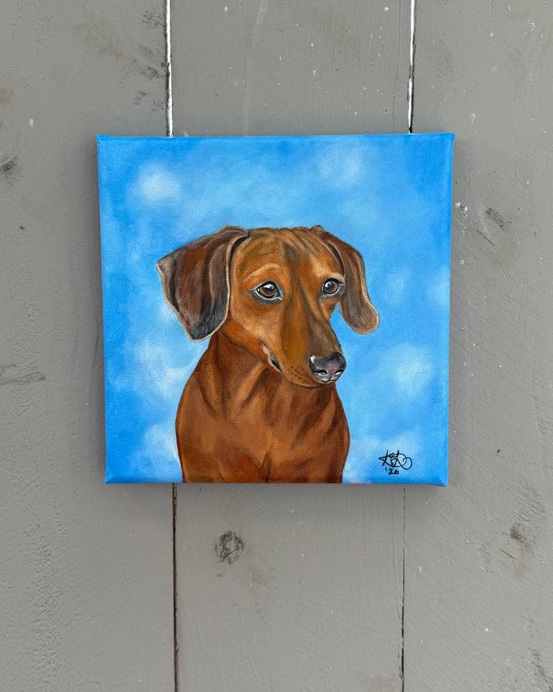 Hand-painted dachshund on a square canvas with a bright blue sky background, hanging on a grey fence